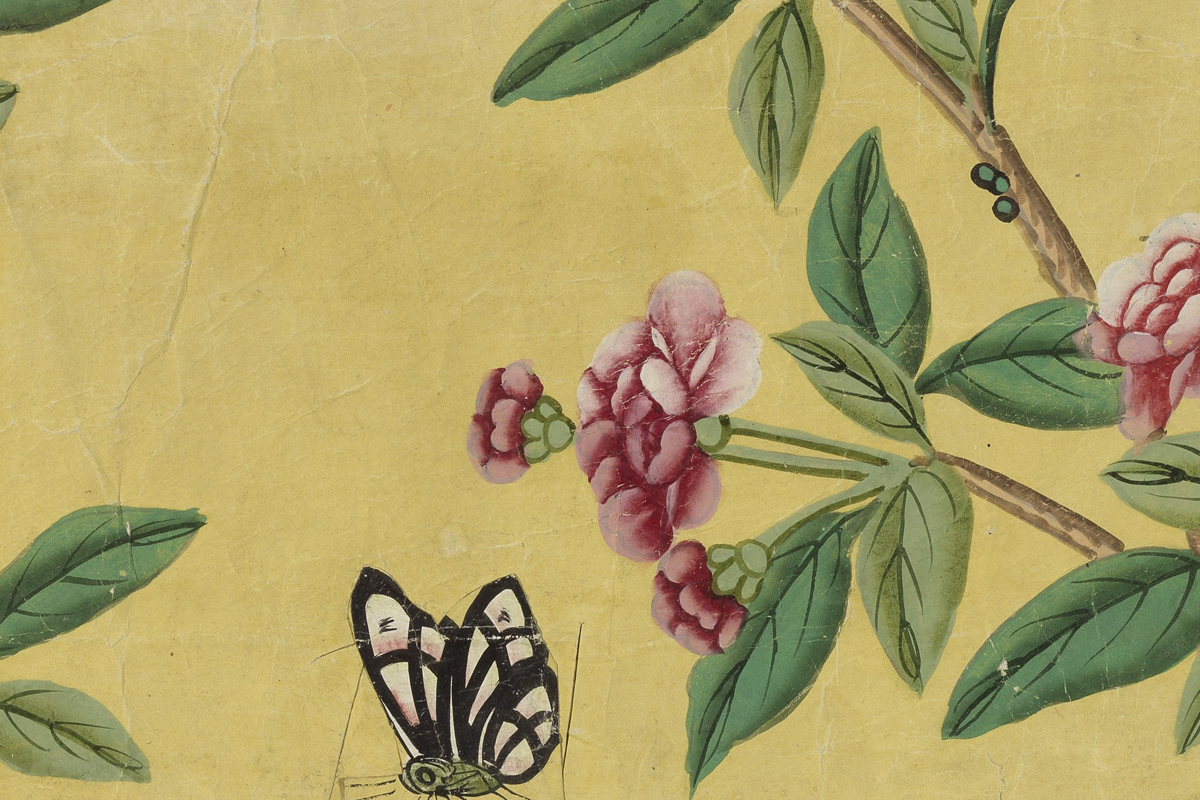 A section of the Chinese export wallpaper in the Royal Pavilion Archives featuring a butterfly and flowers on a yellow background