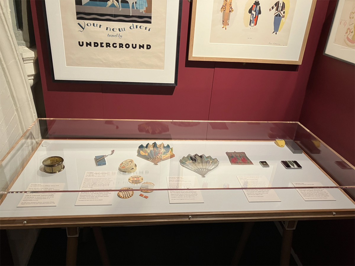 Our French Paper Fans and Clarice Cliff/ A.J. Wilkinson tea set in the Art Deco: the Golden Age of Poster Design exhibition at the London Transport Museum