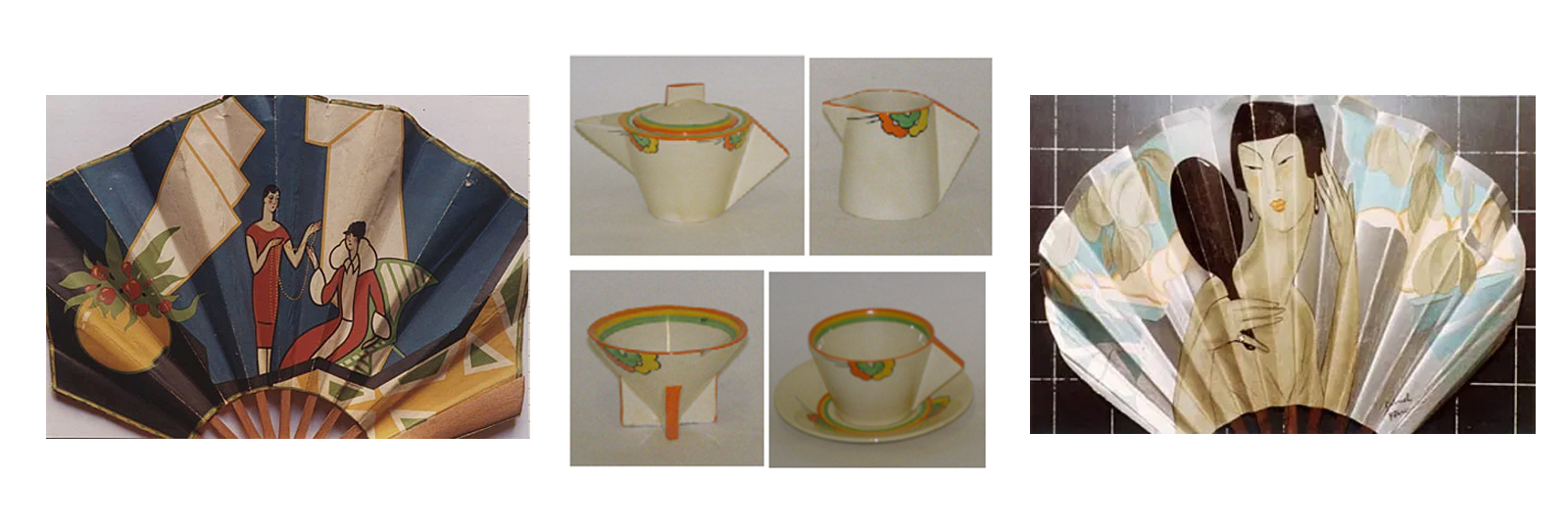 Clarice Cliff, AJ Wilkinson tea set, from 1931, French paper fans, c.1926