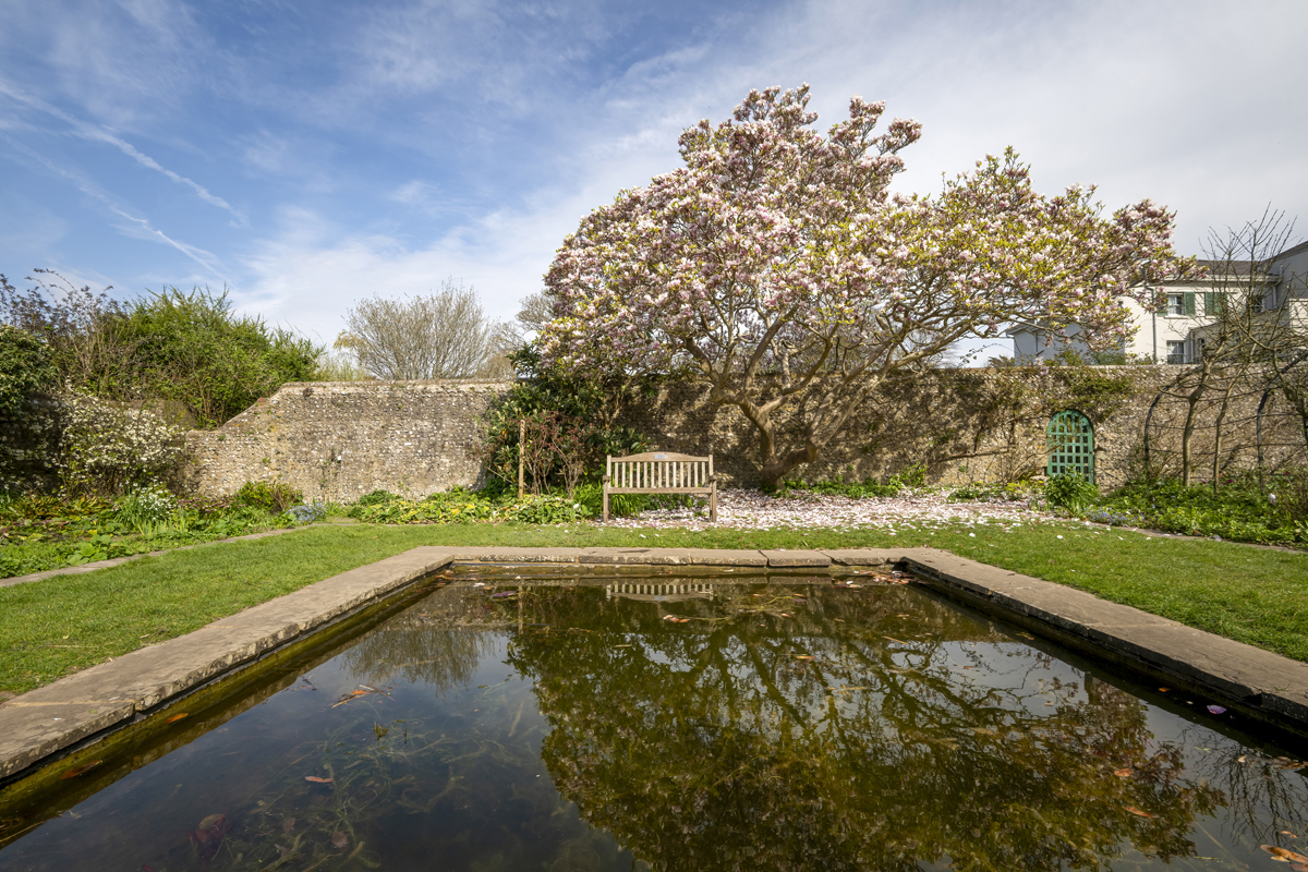 Preston Manor Gardens. A large rectangular pond is in the foreground of a walled garden. A wooden bench and tree are reflected in the pond distance.