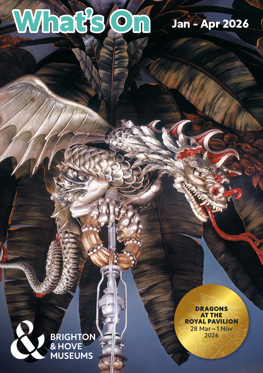 A screenshot of the cover of the January to April 2026 Brighton & Hove Museums What's On leaflet. The image is of the dragon chandelier in the Royal Pavilion