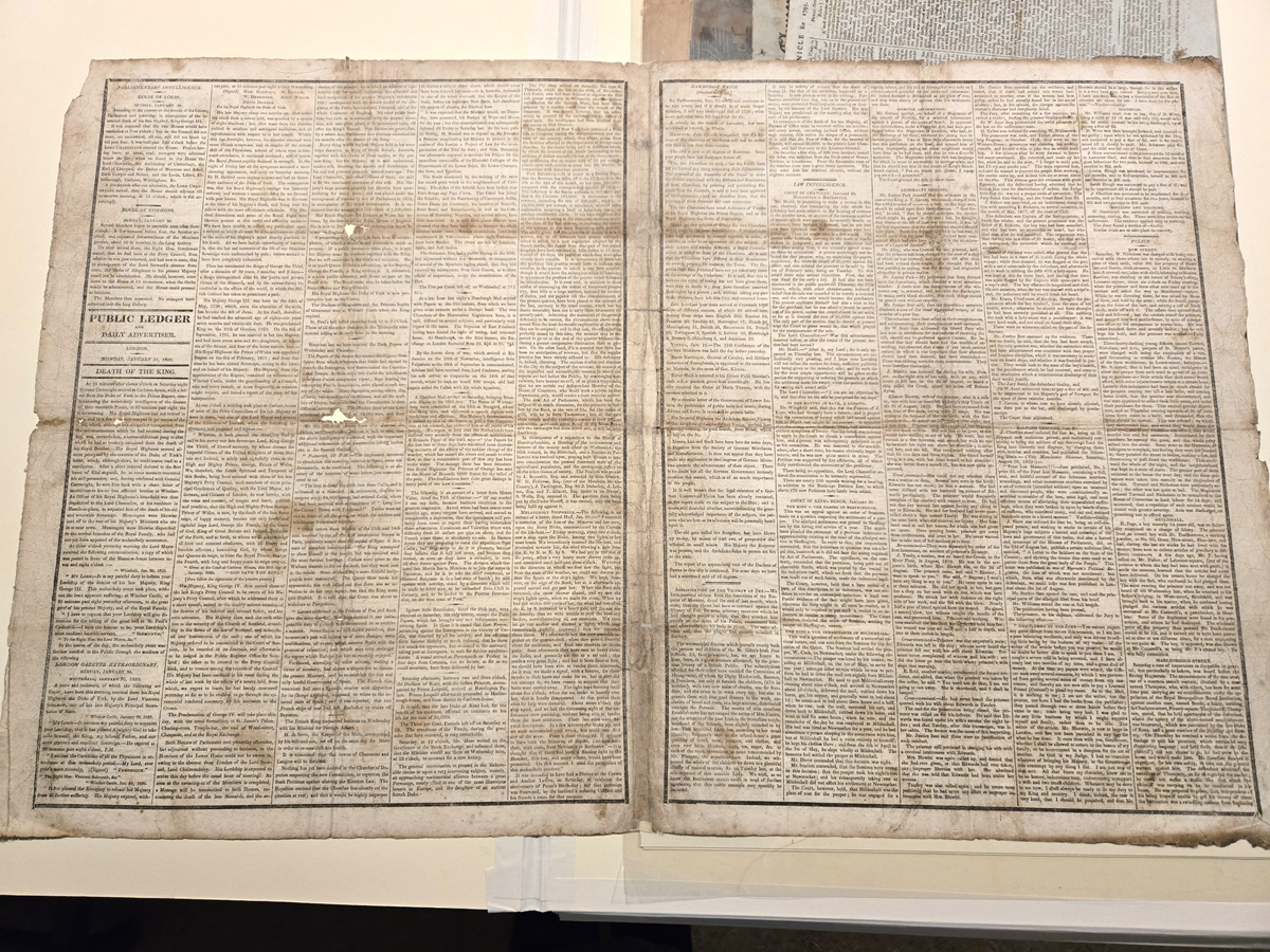 Announcement of King George III in The Public Ledger and Daily Adviser, 29/01/1820. Photograph of a large newspaper with small print