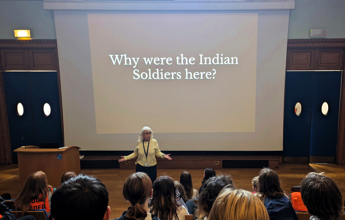 Louise in the Lecture Theatre at the Old Court House talking to students about the Indian soldiers.