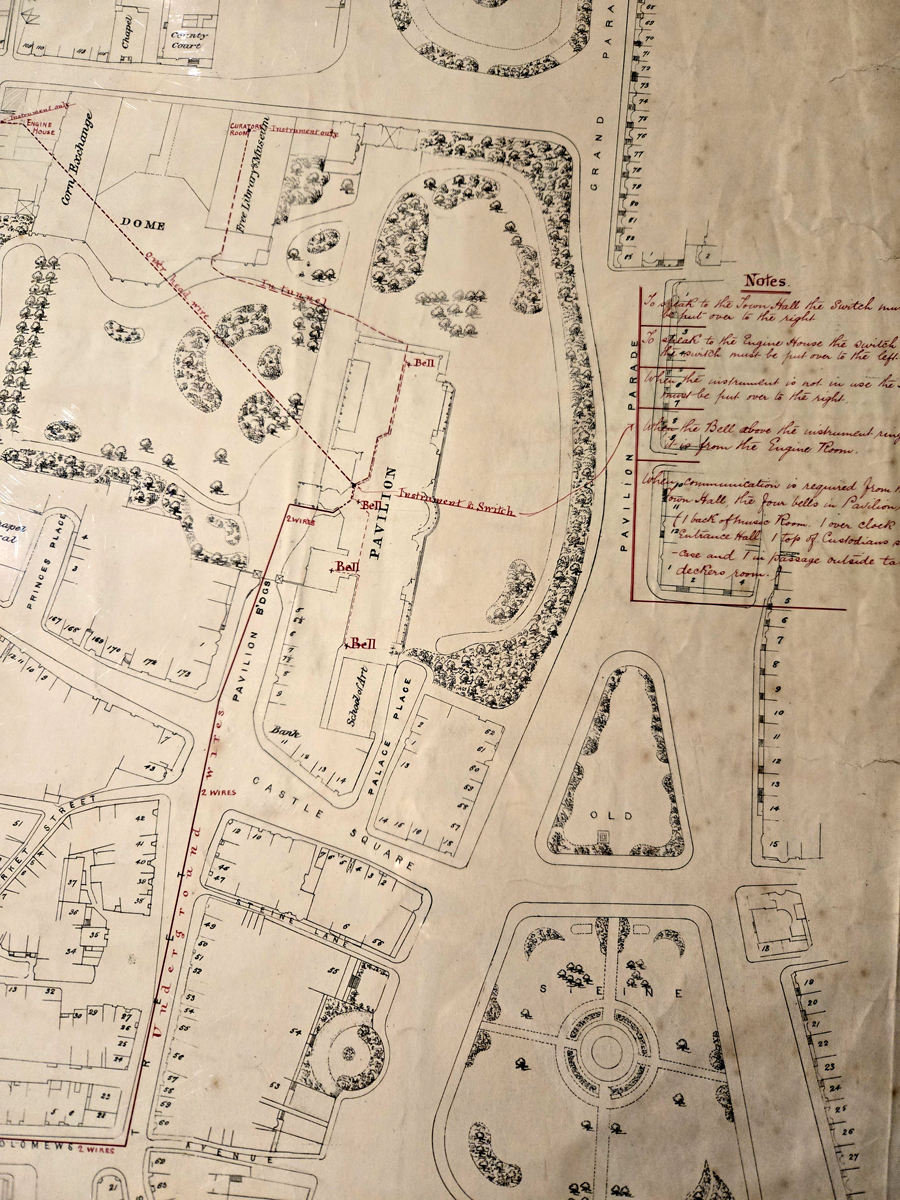 Plan for the installation of a telephone wire from the Royal Pavilion to the Town Hall, dated 1886.