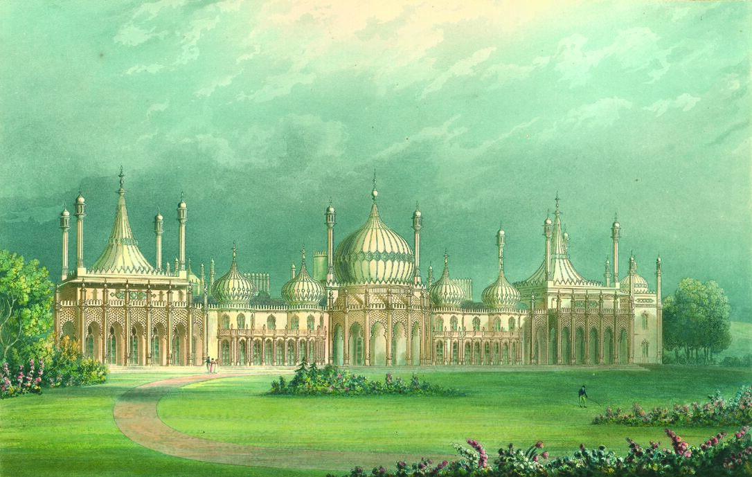 Aquatint showing the east front of the Royal Pavilion, 1826. Taken from John Nash's Views of the Royal Pavilion.