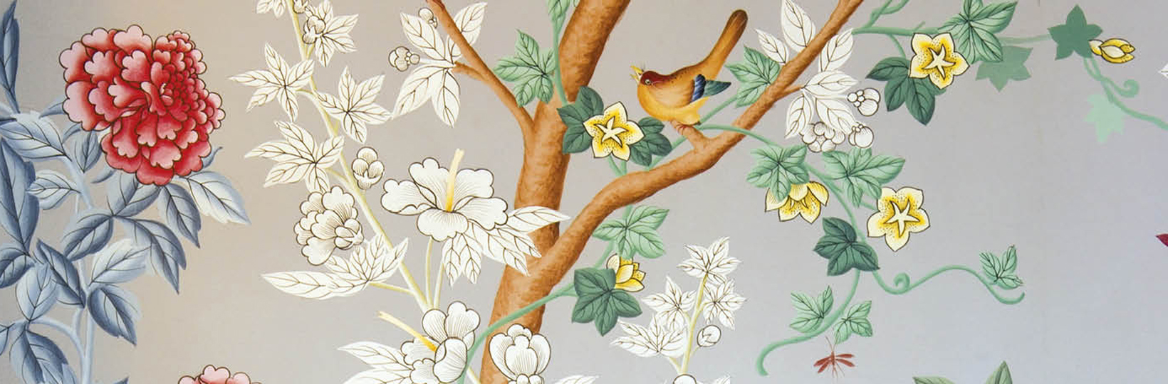 Royal Pavilion William IV Wallpaper. A pale grey background with a tree with blossoms and a bird sitting on a branch