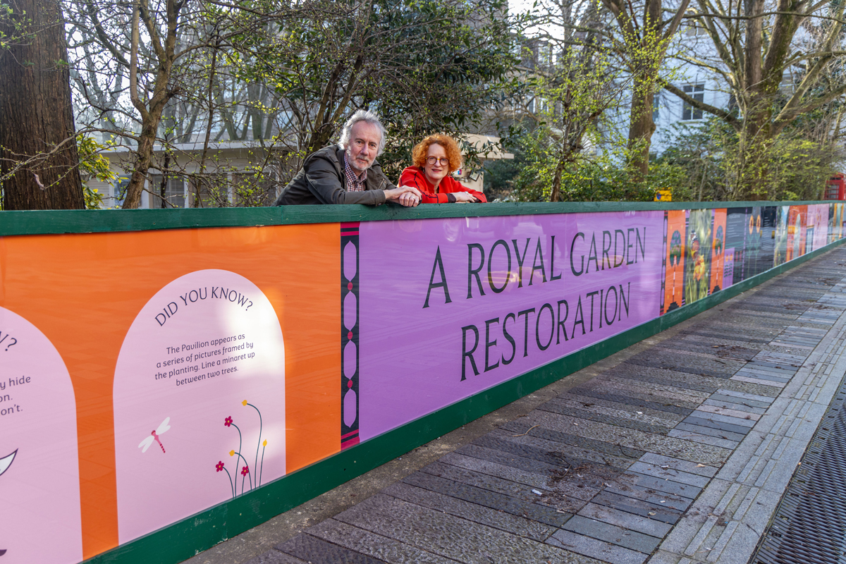 Hedley Swain, CEO of Brighton & Hove Museums with Brighton & Hove City Councillor Birgit Miller by the new hoardings launching the Royal Garden Restoration in New Road ***Pic by David McHugh / Brighton Pictures