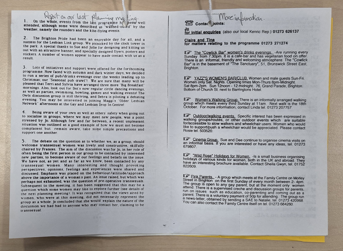 Lesbian Link newsletter, July-October 1998. The Keep, Brighton. Author’s own photograph, Nov 2025