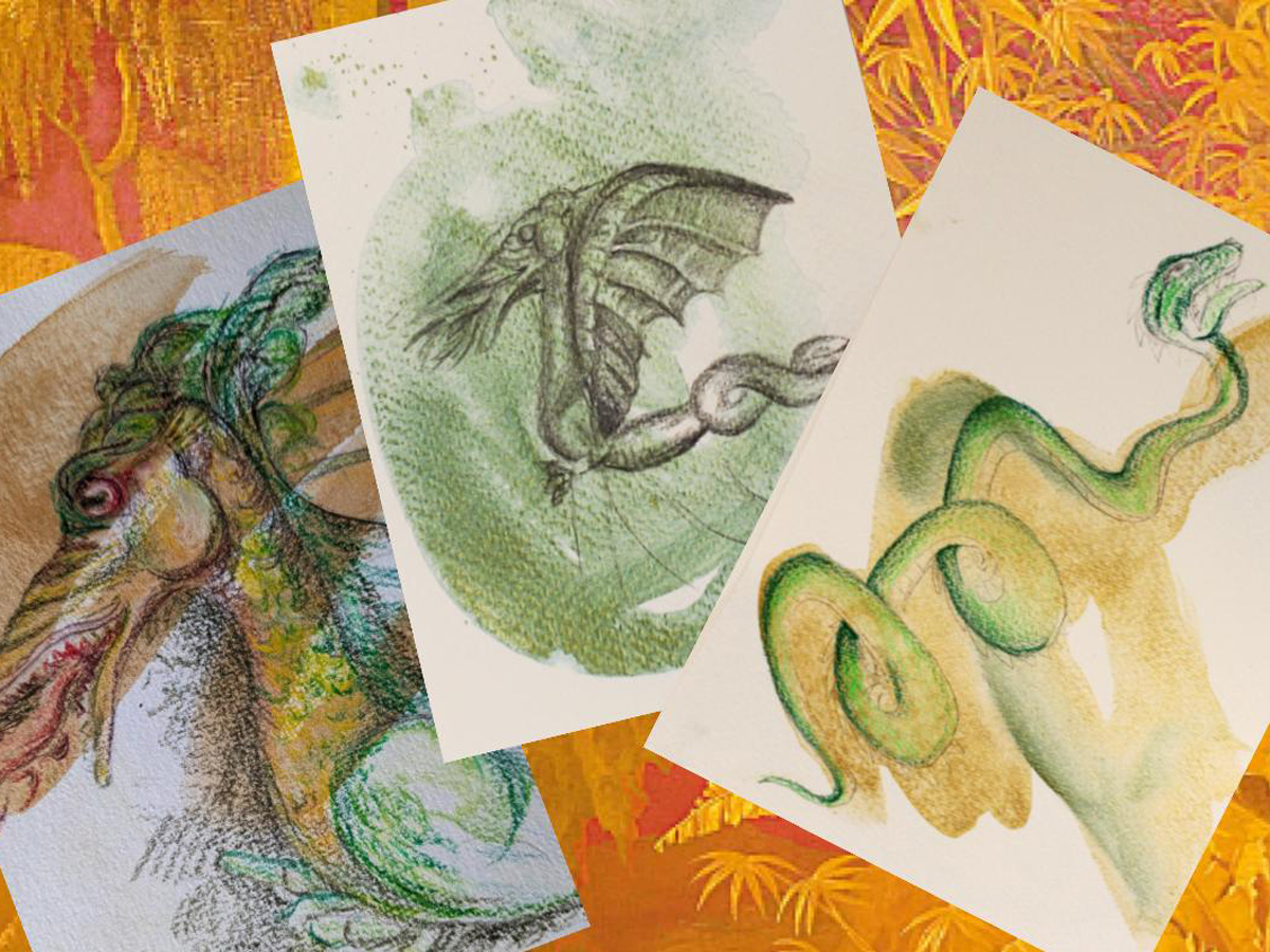 Dragon Drawings from a KS3 & KS4 school group session in the Royal Pavilion. Three line and watercolour drawings of different dragons inspired by the Pavilion are displayed against a backdrop of Pavilion wallpaper.