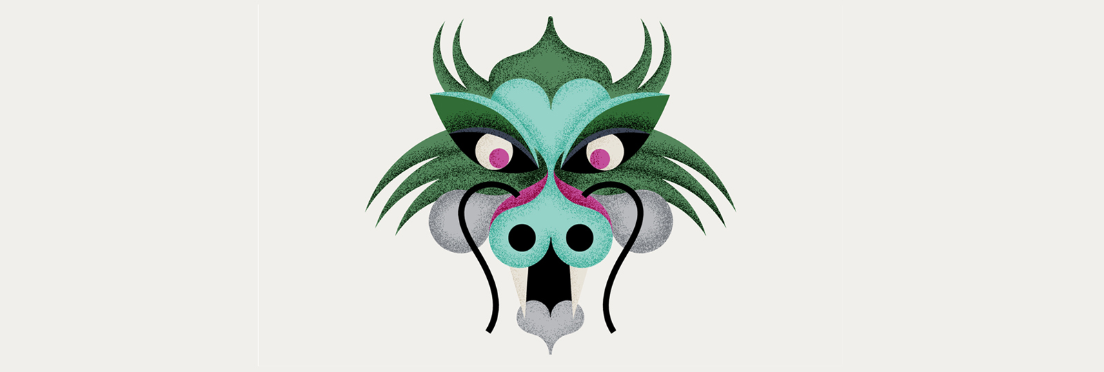 Dragons at the Royal Pavilion. Promotional image for the exhibition. A white background with an illustrated dragon head, the features of which are styled on the domes of the Royal Pavilion