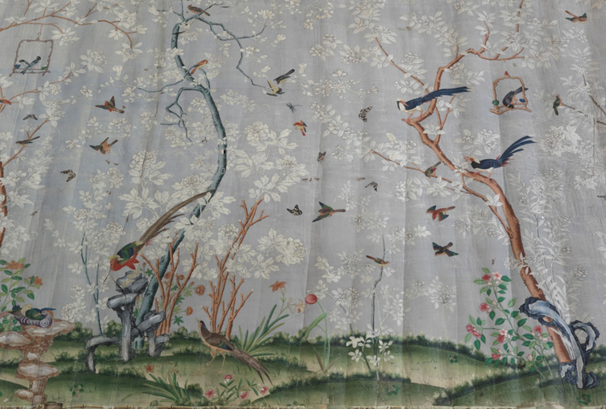 Detail from the Birds and Flowers wallpaper, set R6011/3, One of many examples featuring hand‑painted foliage, birds, and butterflies, characteristic of eighteenth‑ and early nineteenth‑century Chinese export designs.