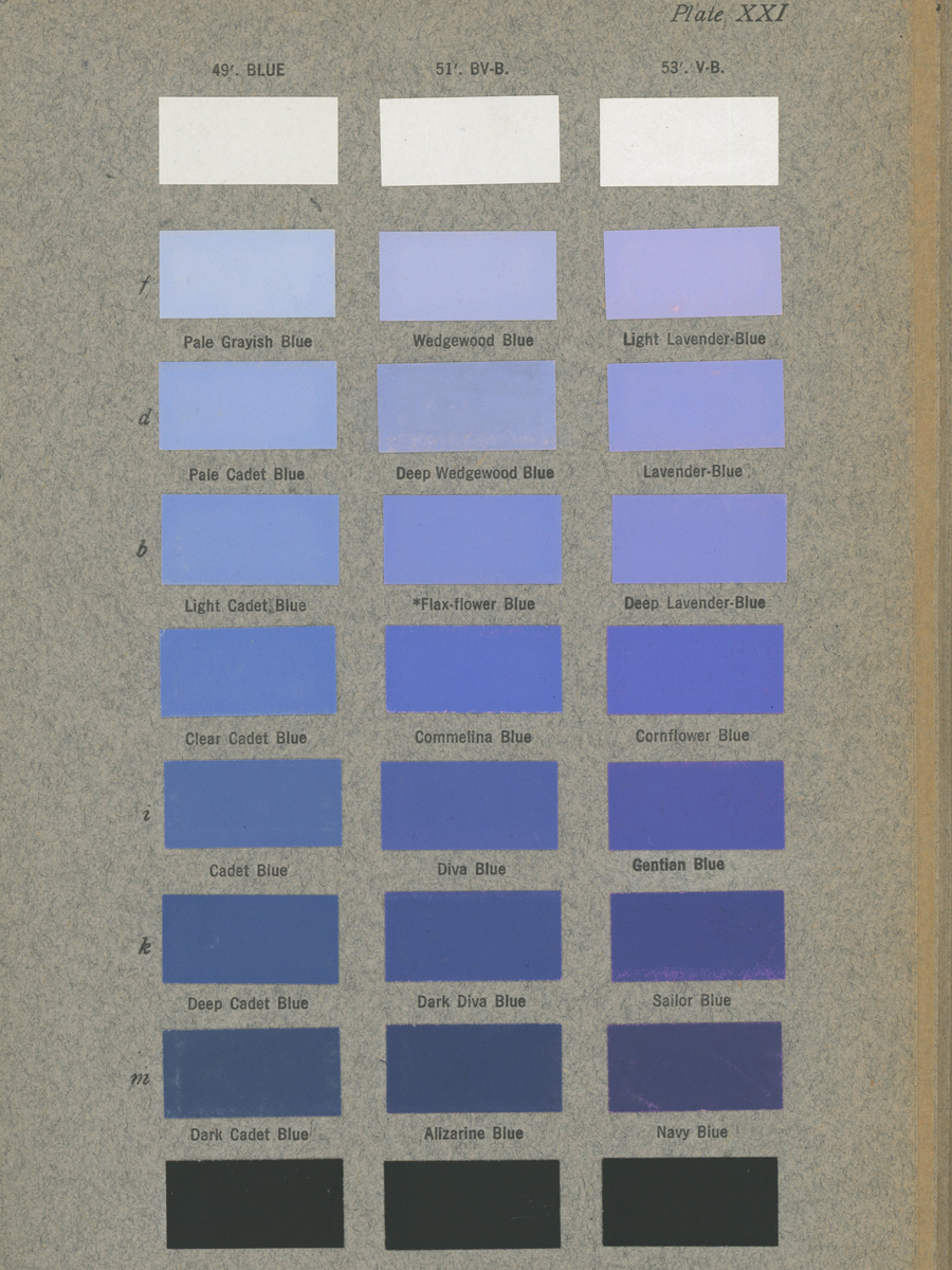 Ridgway 1912 Blues. A colour chart of different shades of blue.