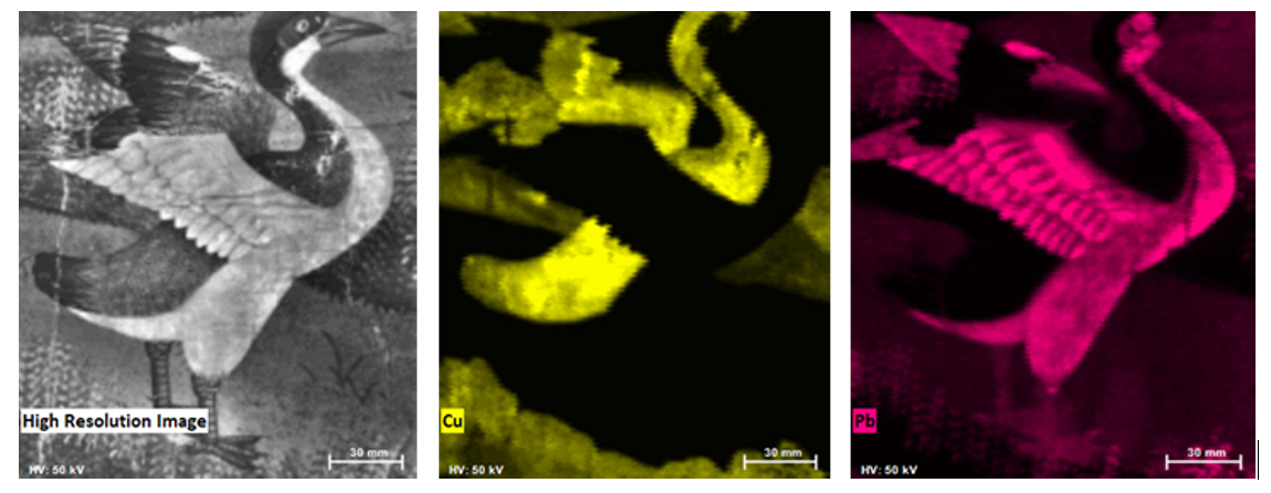 Fig 5. Left: High Resolution Image. Cente: yellow associated with copper-containning pigment(s). Right: pink associated with lead containing pigment(s).