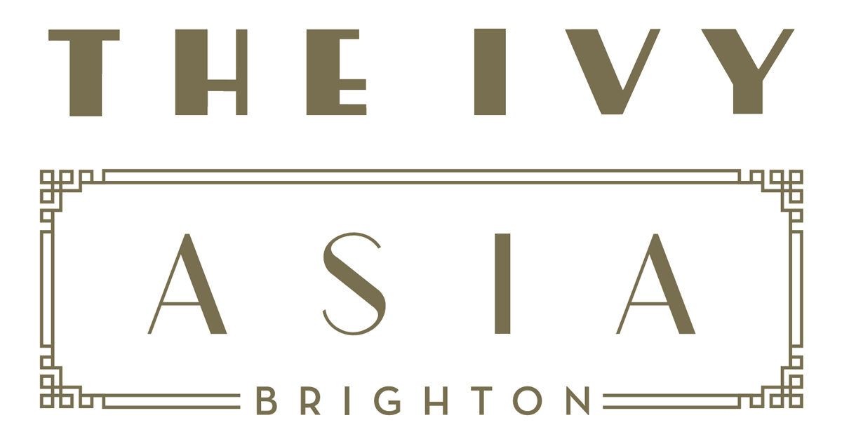 The Ivy Asia Brighton logo. A white background with gold lettering. The Ivy is written above a rectangular box which contains Asia. Brighton is written underneath Asia and within the lines of the box