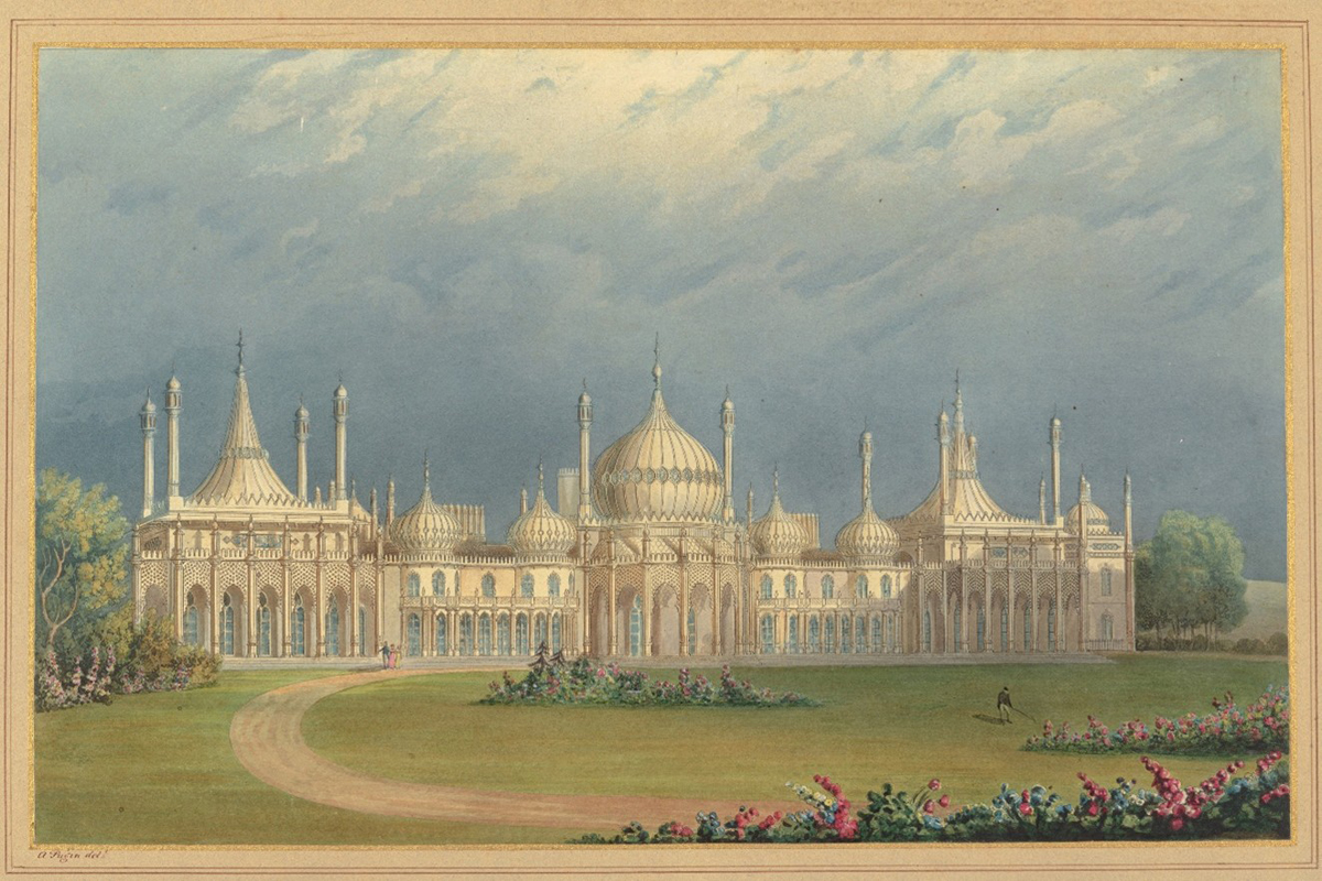 A view of the Royal Pavilion from John Nash's book The Royal Pavilion at Brighton, aquatint, 1826