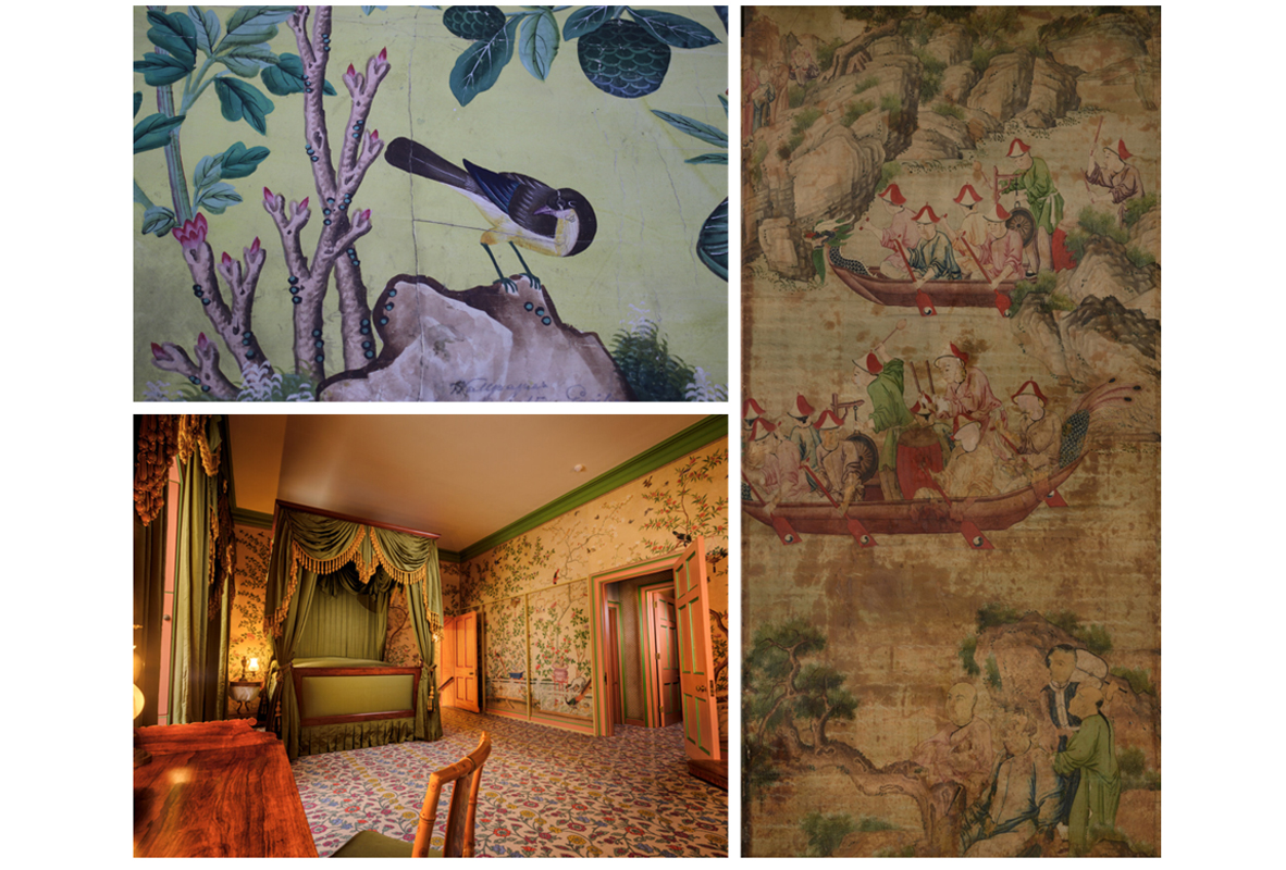 Fig. 3. Top left: Detail from the yellow ground birds-and-flowers wallpaper (R6018). Bottom left: The yellow ground birds-and-flowers wallpaper as installed in Queen Victoria’s Bedroom at the Royal Pavilion, Brighton. Right: Section of the panoramic Dragon Boat scene from the set known as R6017, displayed in the Adelaide Corridor.