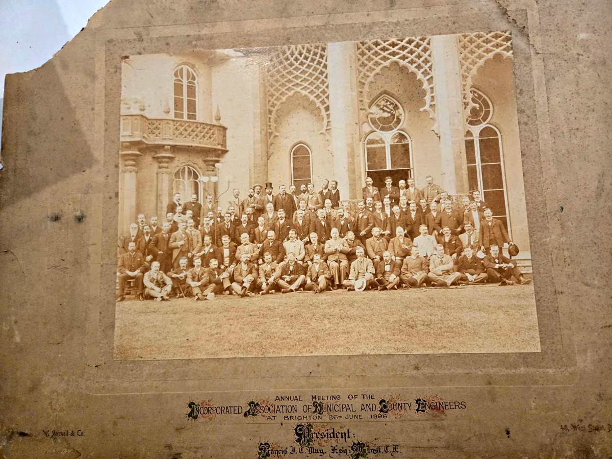 Annual Meeting of the Incorporated Association of Municipal and County Engineers 1896. A group of people are positioned standing and seating outside the exterior of the Royal Pavilion as they pose for the photograph
