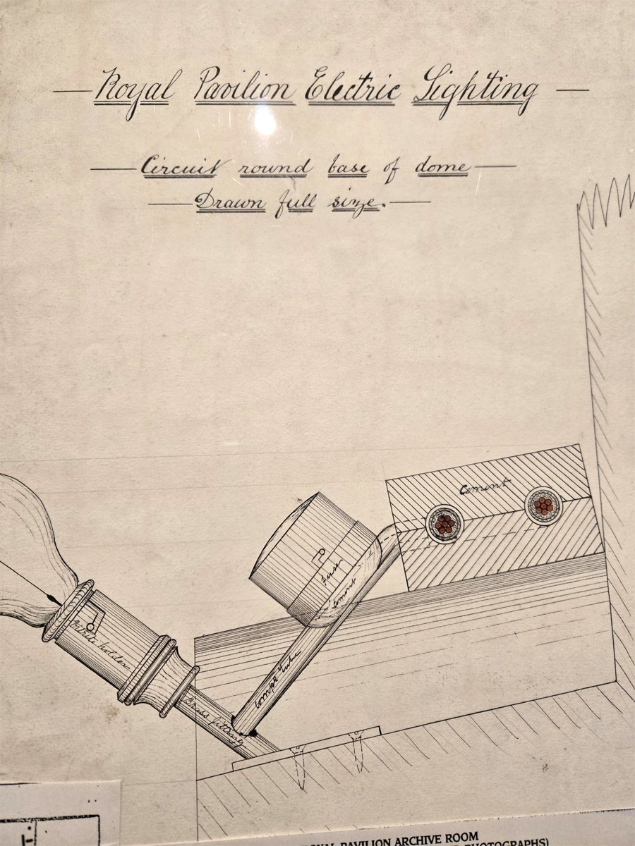 Plan for the Royal Pavilion Electric Lighting c1880. Drawing of a lightbulb and circuit with handwritten notes