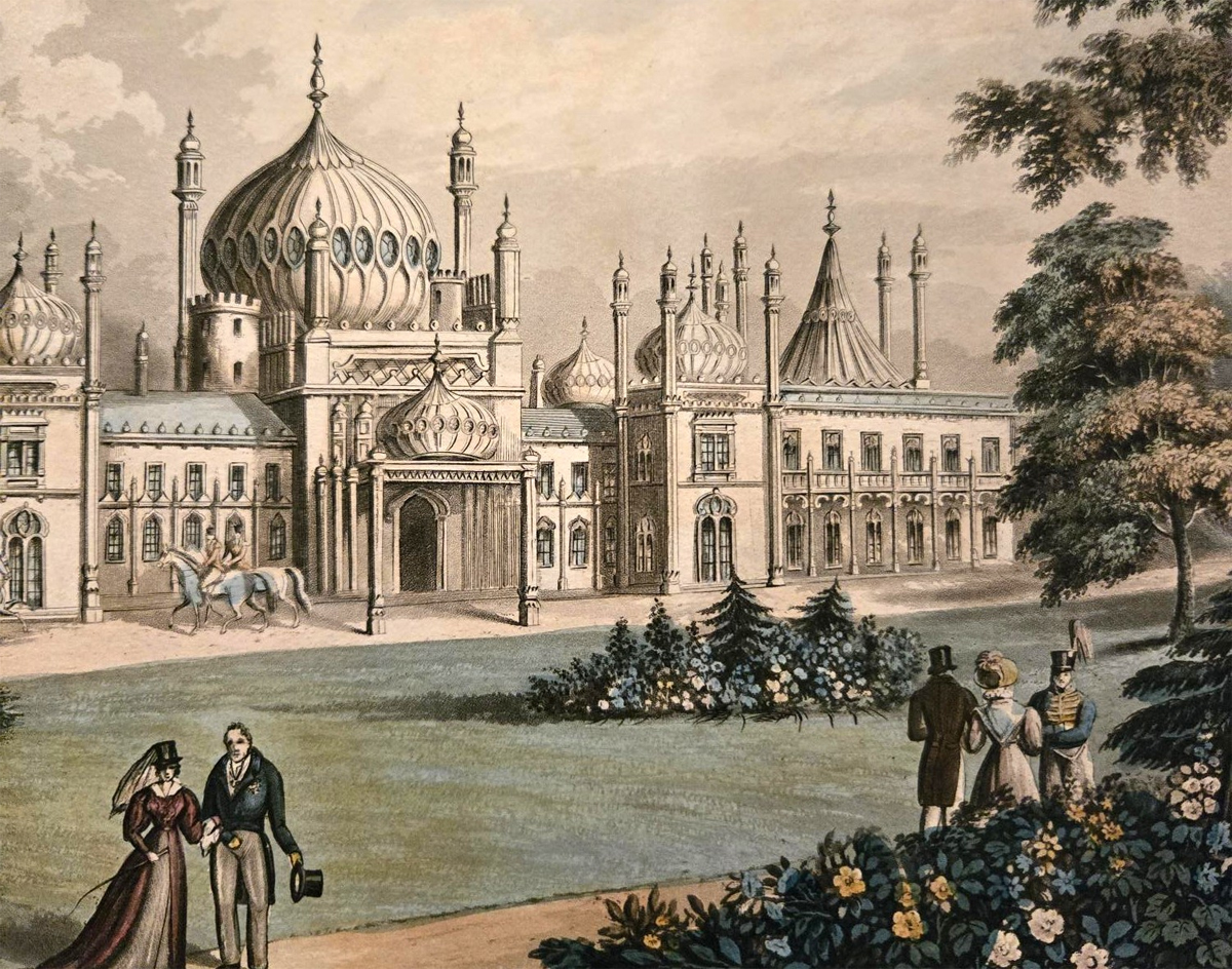 Print of the Royal Pavilion Eastern Front- Illustrated are King William IV and Queen Adelaide of Consort c1830