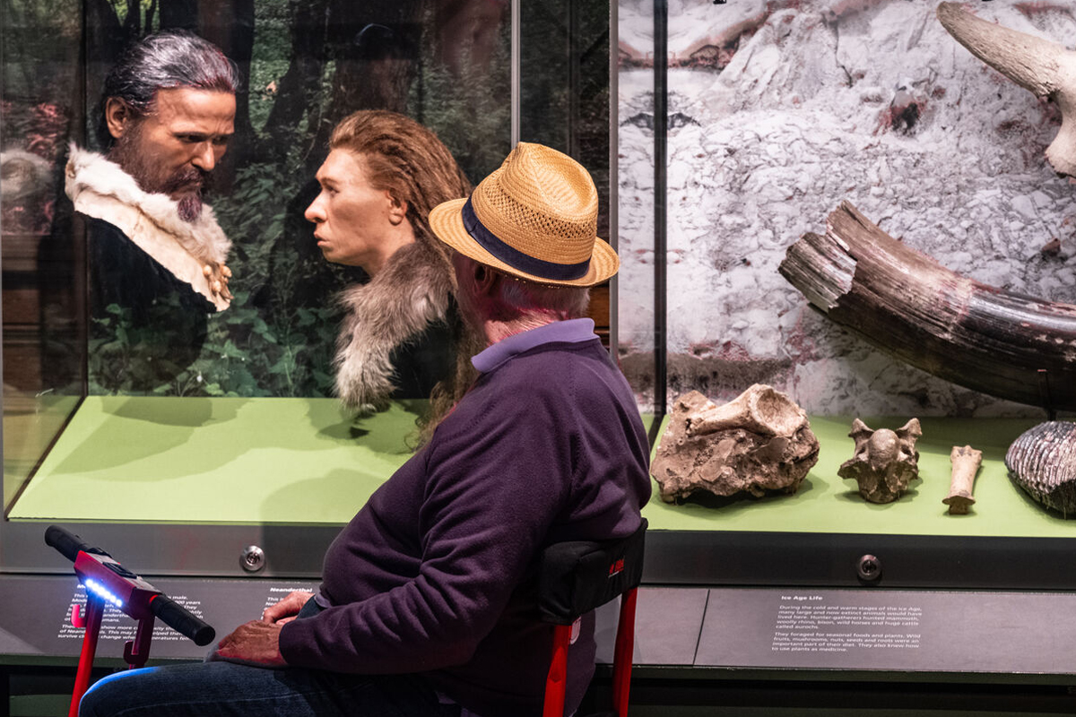 A man in a straw hat looks at the case of replica heads in the Archaeology Gallery of Brighton Museum