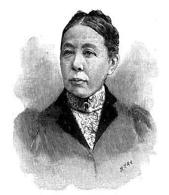 Helen Marion Burnside, Lyricist and Poet. Photo credit UCL. A black and white sketch of a woman. She wears her hair pinned back, has a high necked blouse and jacket with puff sleeves and standing collar.