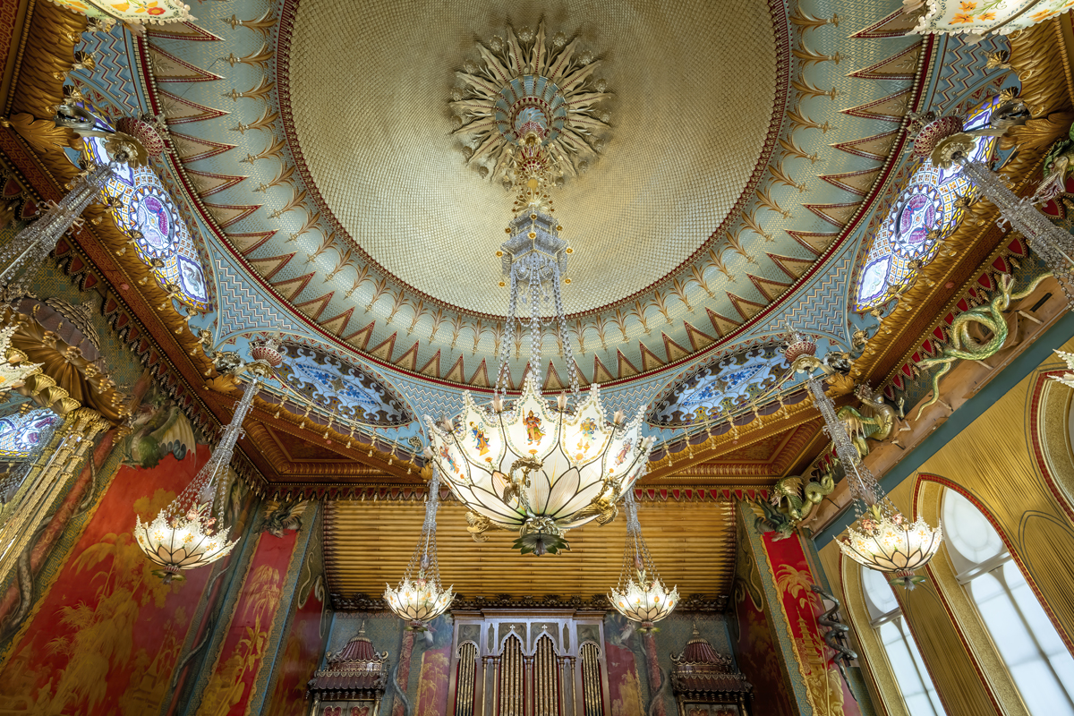 Royal Pavilion Music Room, view from the ground looking up to the chandeliers and ceiling