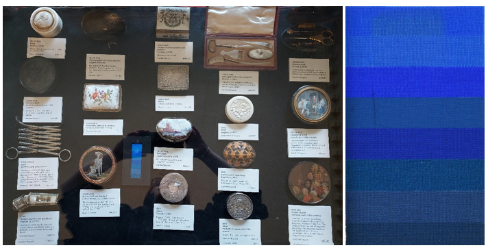 Contents of a curio cabinet in the Entrance Hall and the dosimeter showing a strong fade in BW1 after a year