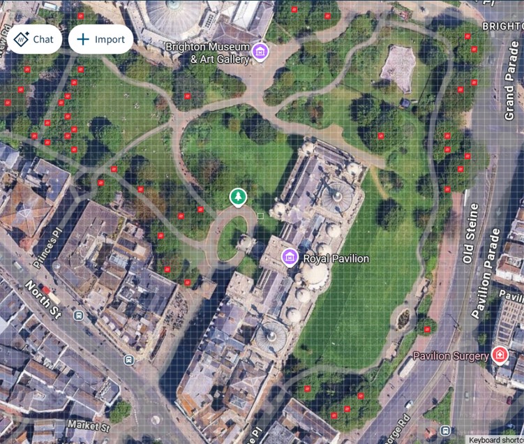 An aerial Map of the Elms in the Royal Pavilion Garden