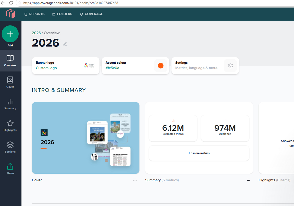 Screenshot of Coveragebook website cover page. Details viewer counts for files.