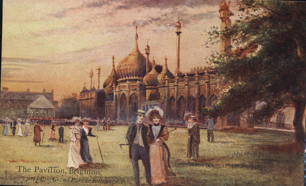 Postcard made of a stylised watercolour, East front of the Royal Pavilion, Brighton.