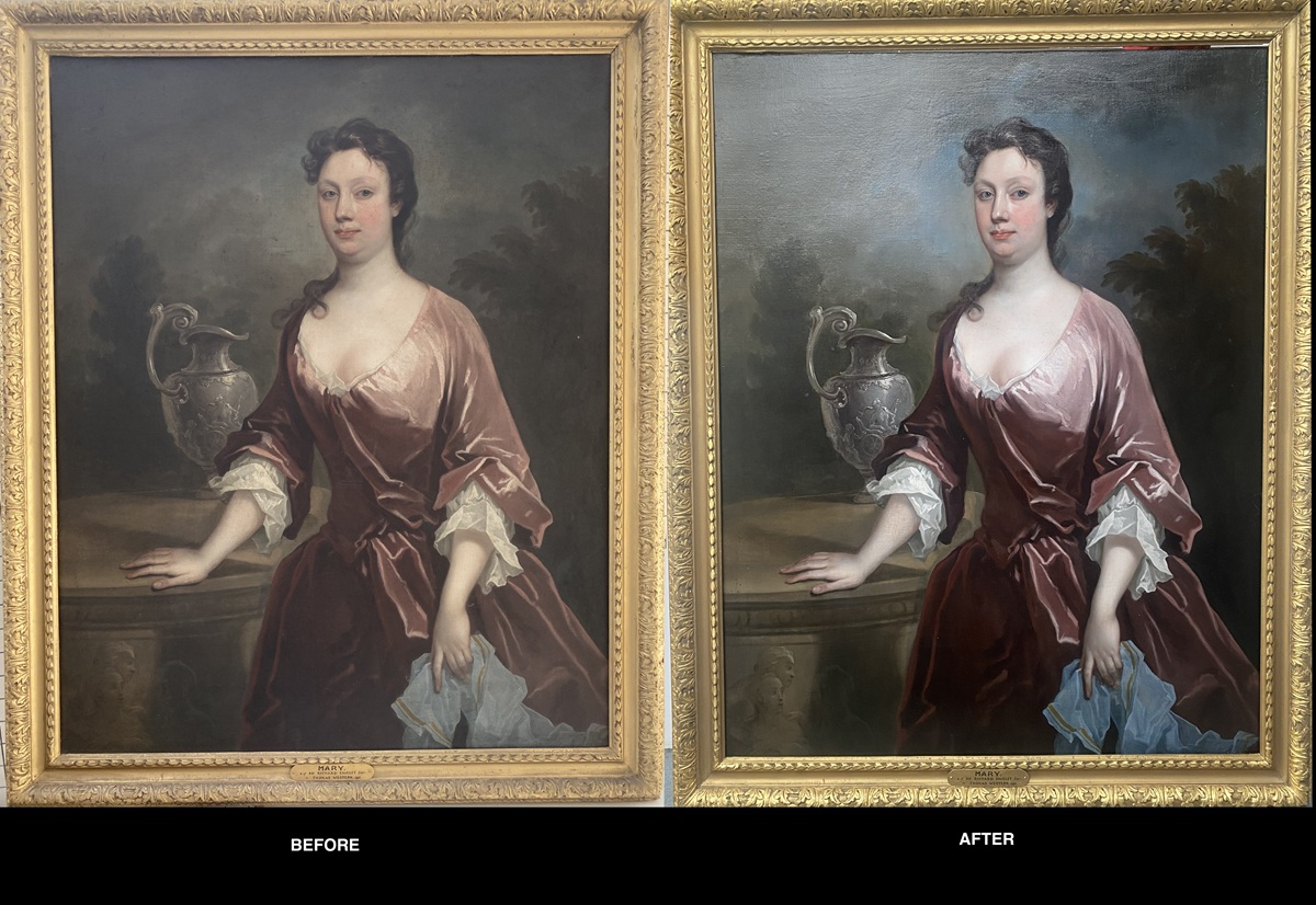 A before and after image showing the restoration work that has taken place on the painted portrait of Mary Western