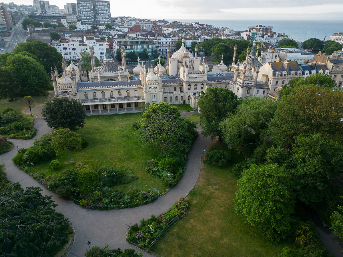 The gardens and grounds of the Royal Pavilion taken from above to give a view of the building, garden and pathway